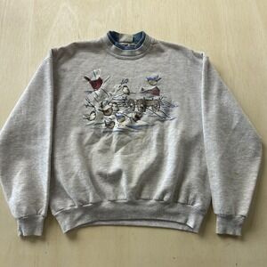 Vintage 90s Morning Sun Womens XL Gray Winter Birds Fleece Pullover Sweatshirt